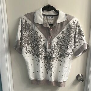 Teddi Women's Button Down Floral Top - Gray and White